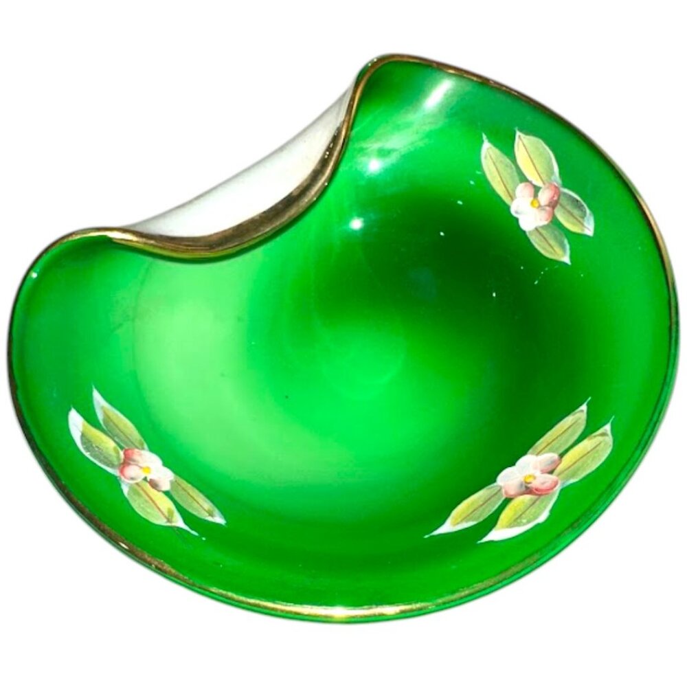 Vintage Green Cased Bohemian Art Glass Hand Painted Flowers Dish